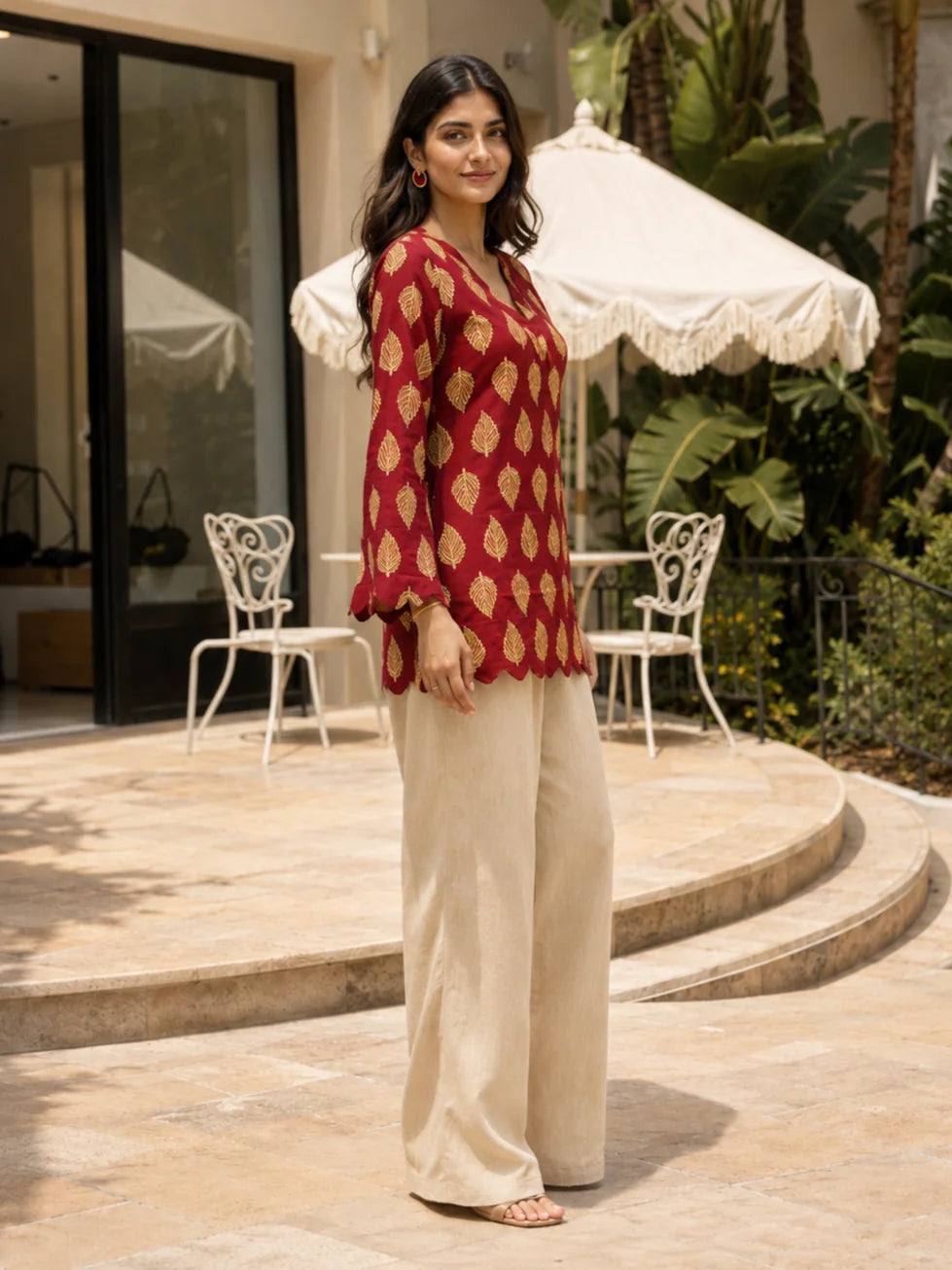 Maroon Short Kurti with Leaf Print in Cotton