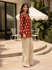 Maroon Short Kurti with Leaf Print in Cotton
