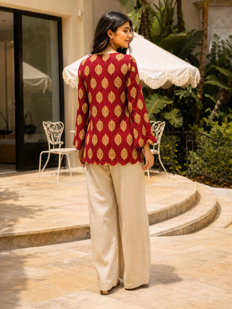 Maroon Short Kurti with Leaf Print in Cotton