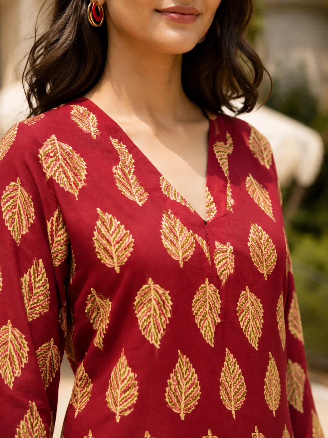 Maroon Short Kurti with Leaf Print in Cotton