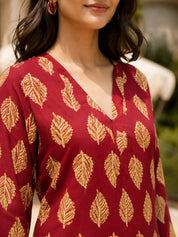 Maroon Short Kurti with Leaf Print in Cotton