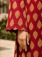Maroon Short Kurti with Leaf Print in Cotton