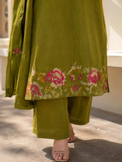 Olive Green 3-Piece Kurta Set with Floral Embroidery in Cotton
