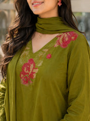 Olive Green 3-Piece Kurta Set with Floral Embroidery in Cotton