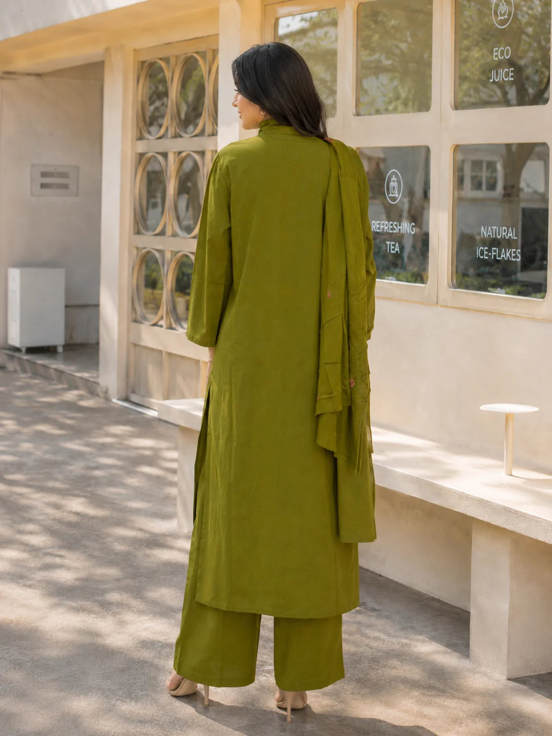 Olive Green 3-Piece Kurta Set with Floral Embroidery in Cotton