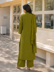 Olive Green 3-Piece Kurta Set with Floral Embroidery in Cotton