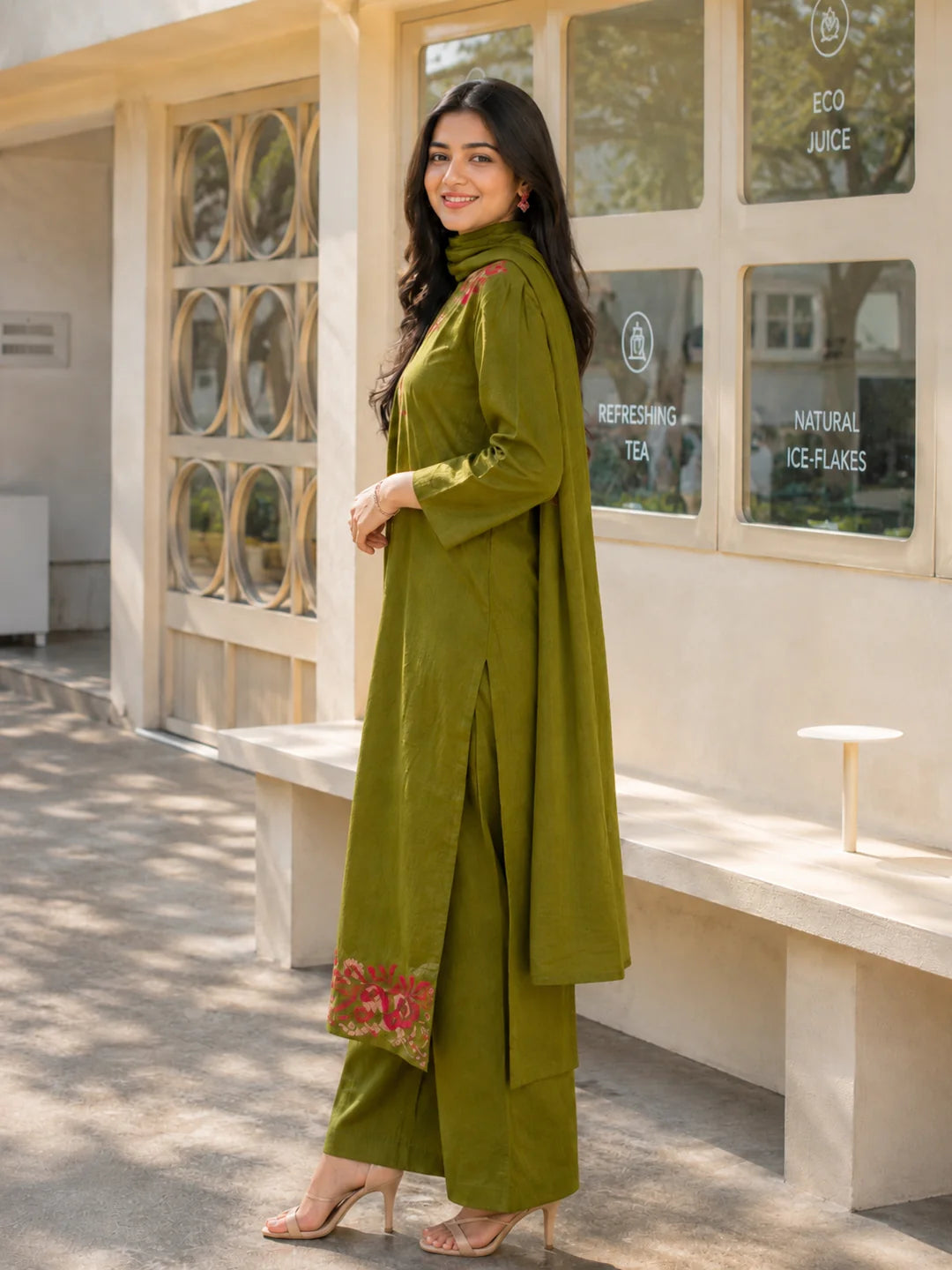Olive Green 3-Piece Kurta Set with Floral Embroidery in Cotton