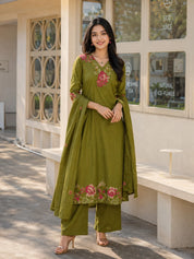 Olive Green 3-Piece Kurta Set with Floral Embroidery in Cotton
