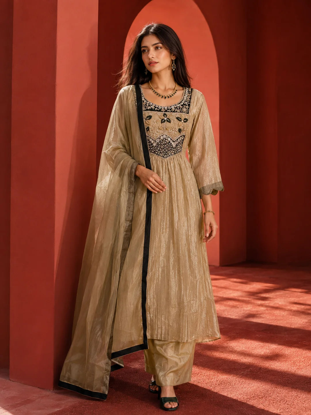 Golden Shimmer Anarkali Set with Embroidered Mirror in Crushed Tissue