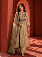Golden Shimmer Anarkali Set with Embroidered Mirror in Crushed Tissue