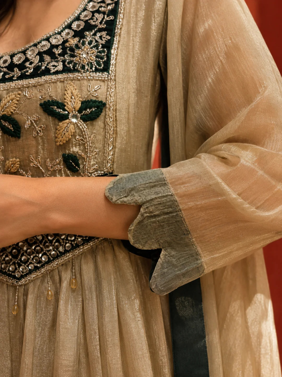 Golden Shimmer Anarkali Set with Embroidered Mirror in Crushed Tissue