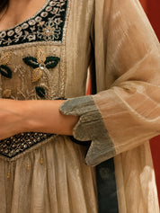 Golden Shimmer Anarkali Set with Embroidered Mirror in Crushed Tissue