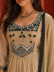 Golden Shimmer Anarkali Set with Embroidered Mirror in Crushed Tissue