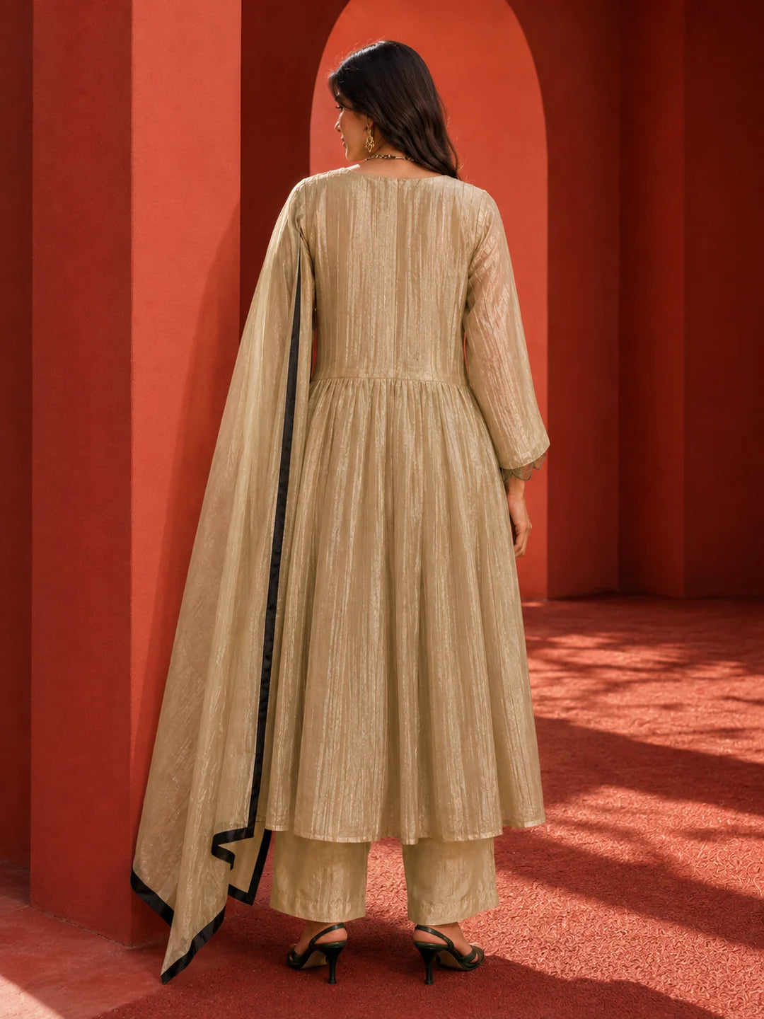 Golden Shimmer Anarkali Set with Embroidered Mirror in Crushed Tissue