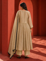 Golden Shimmer Anarkali Set with Embroidered Mirror in Crushed Tissue