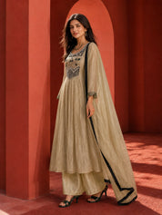 Golden Shimmer Anarkali Set with Embroidered Mirror in Crushed Tissue