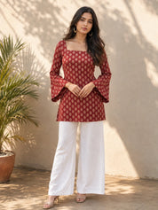 Brick Red Short Kurti with Beige Floral Buti Print in Cotton