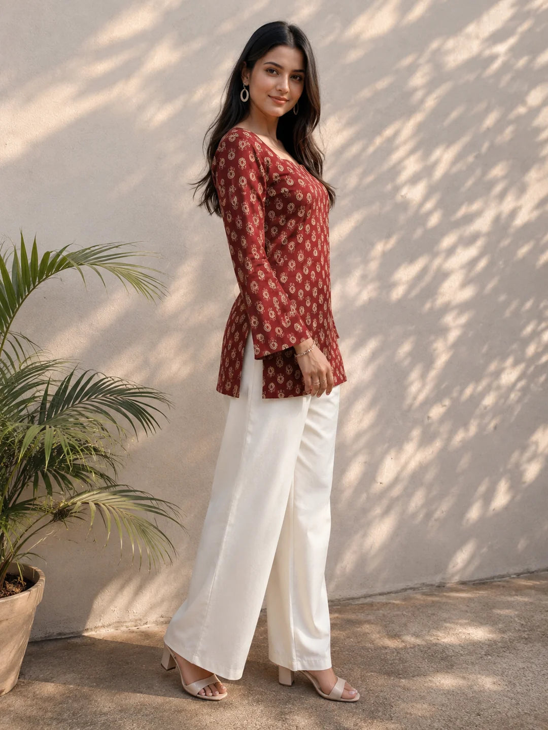 Brick Red Short Kurti with Beige Floral Buti Print in Cotton