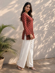 Brick Red Short Kurti with Beige Floral Buti Print in Cotton