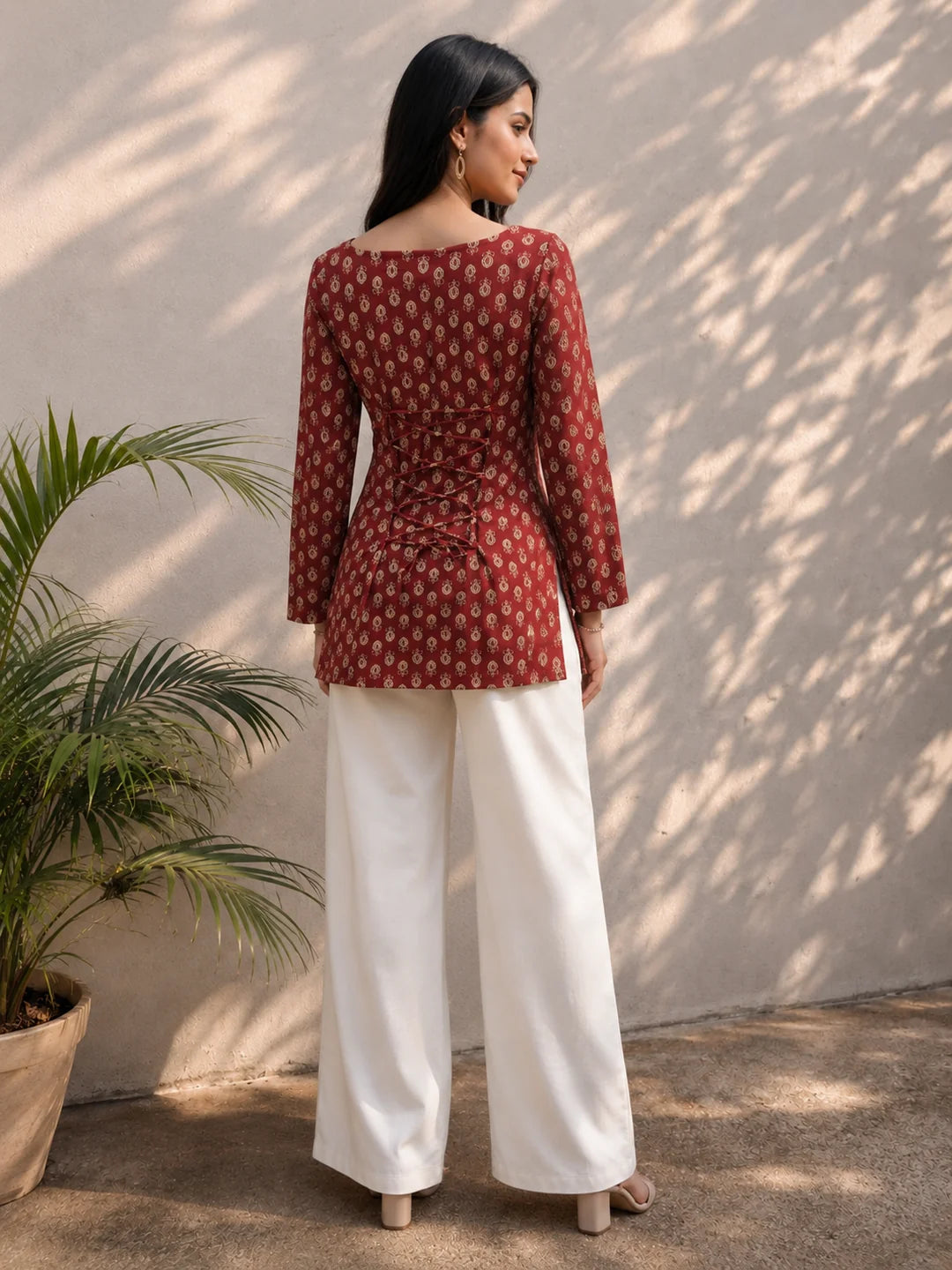 Brick Red Short Kurti with Beige Floral Buti Print in Cotton