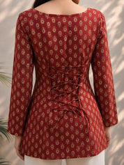 Brick Red Short Kurti with Beige Floral Buti Print in Cotton