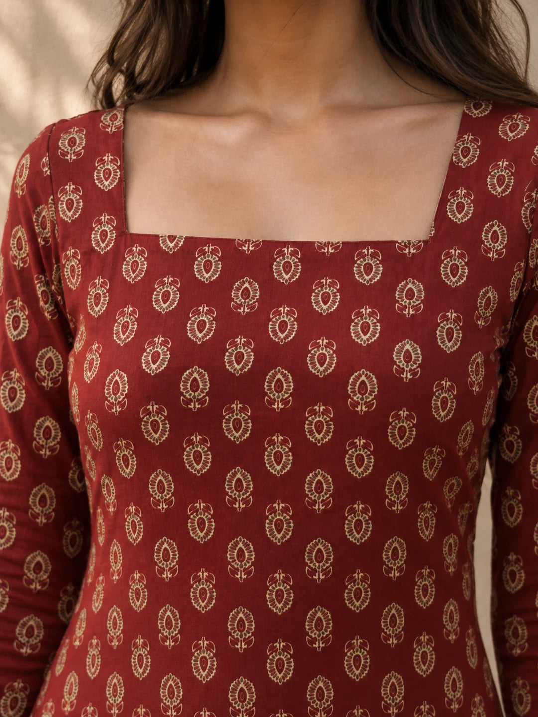 Brick Red Short Kurti with Beige Floral Buti Print in Cotton