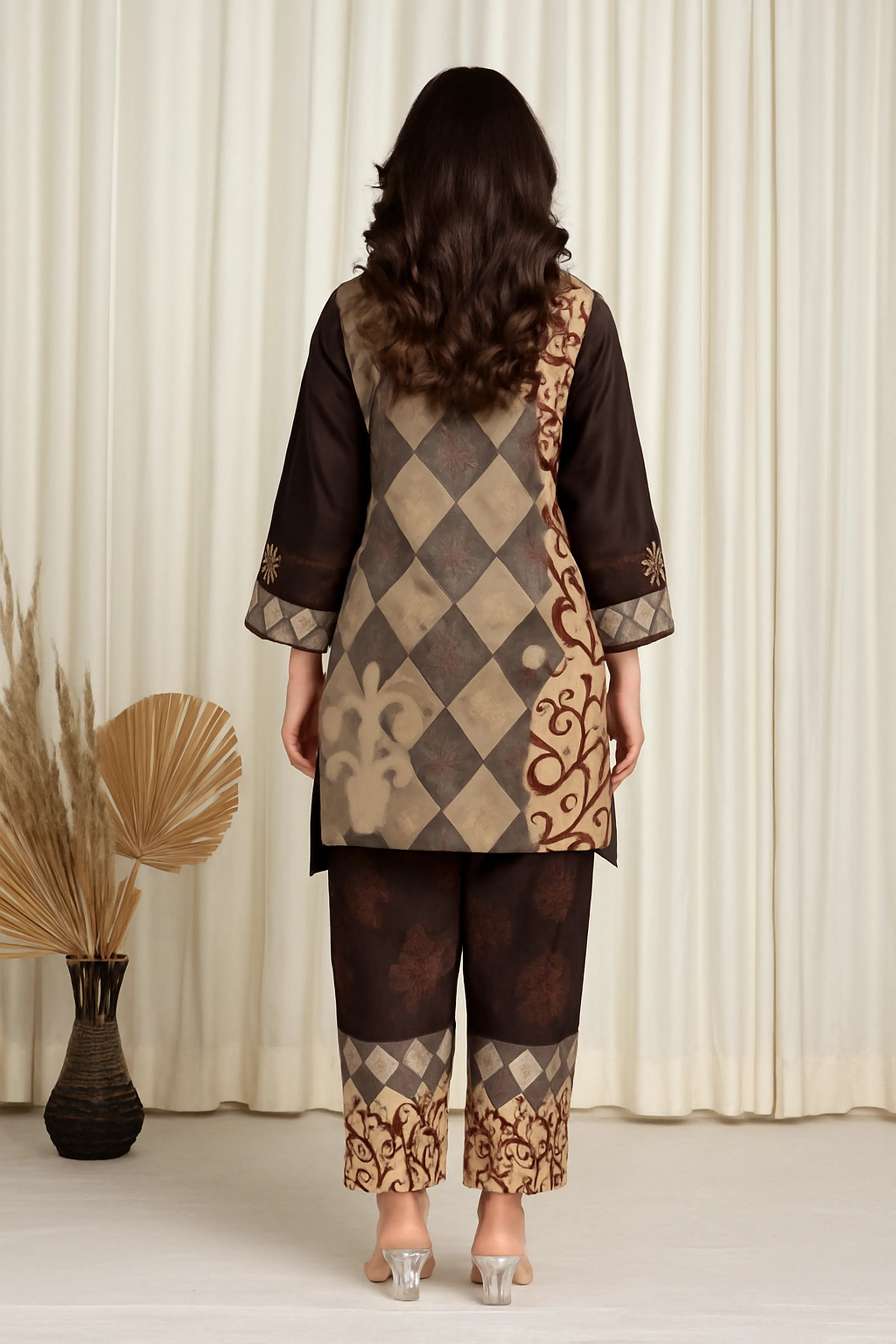 Brown & Grey Earth-Toned Cowrie Detail Co-ord Set