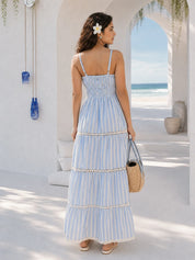 Sky Blue and White Tiered Maxi Dress in Cotton