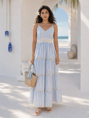 Sky Blue and White Tiered Maxi Dress in Cotton