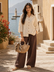 Beige Embroidered Shirt in Cotton Flex