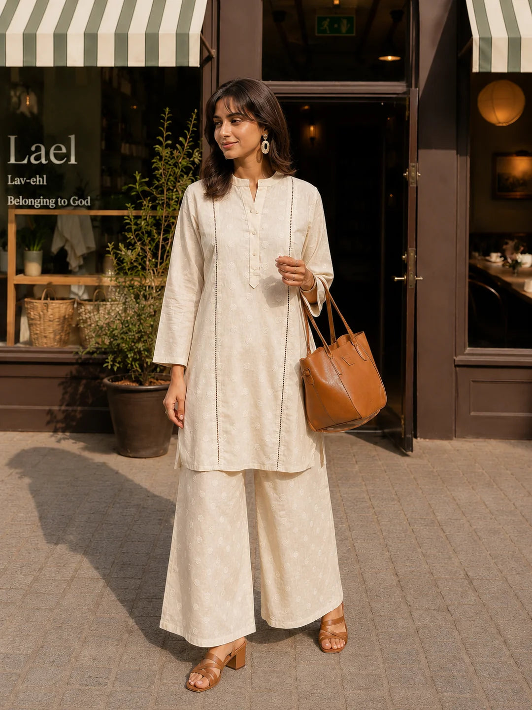 Beige Embroidered 2-Piece Co-ord Set in Cotton Flex