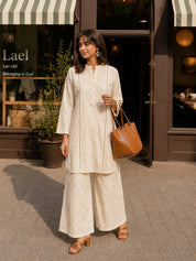 Beige Embroidered 2-Piece Co-ord Set in Cotton Flex
