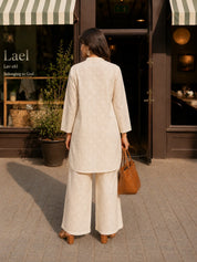 Beige Embroidered 2-Piece Co-ord Set in Cotton Flex