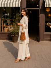 Beige Embroidered 2-Piece Co-ord Set in Cotton Flex