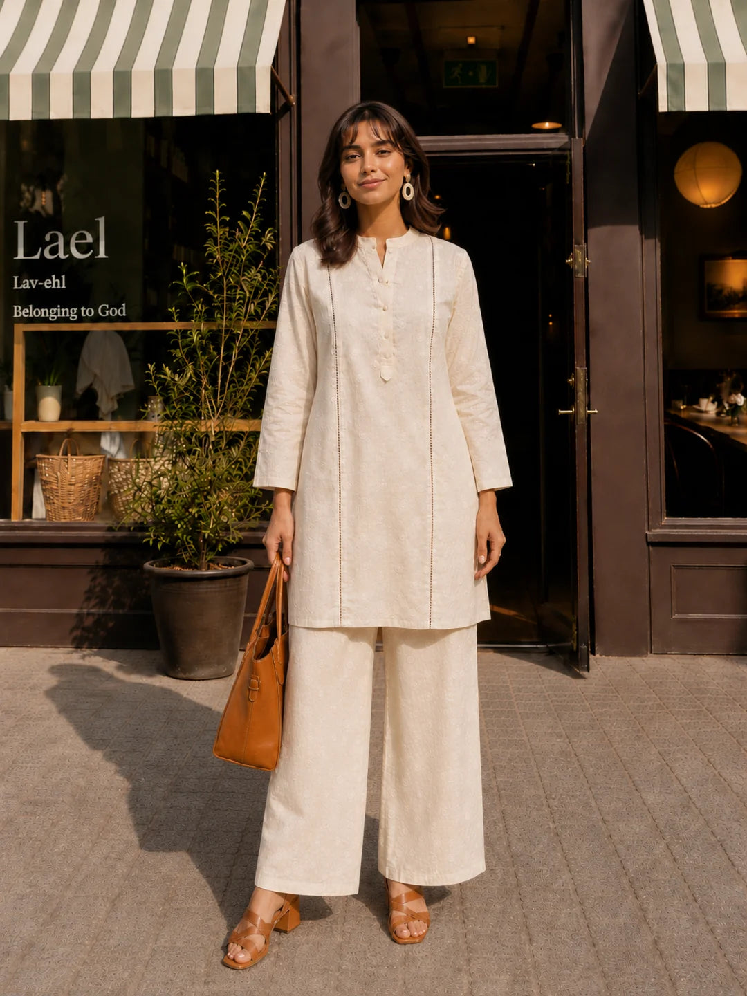 Beige Embroidered 2-Piece Co-ord Set in Cotton Flex