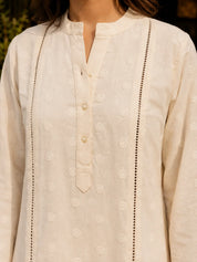 Beige Embroidered 2-Piece Co-ord Set in Cotton Flex