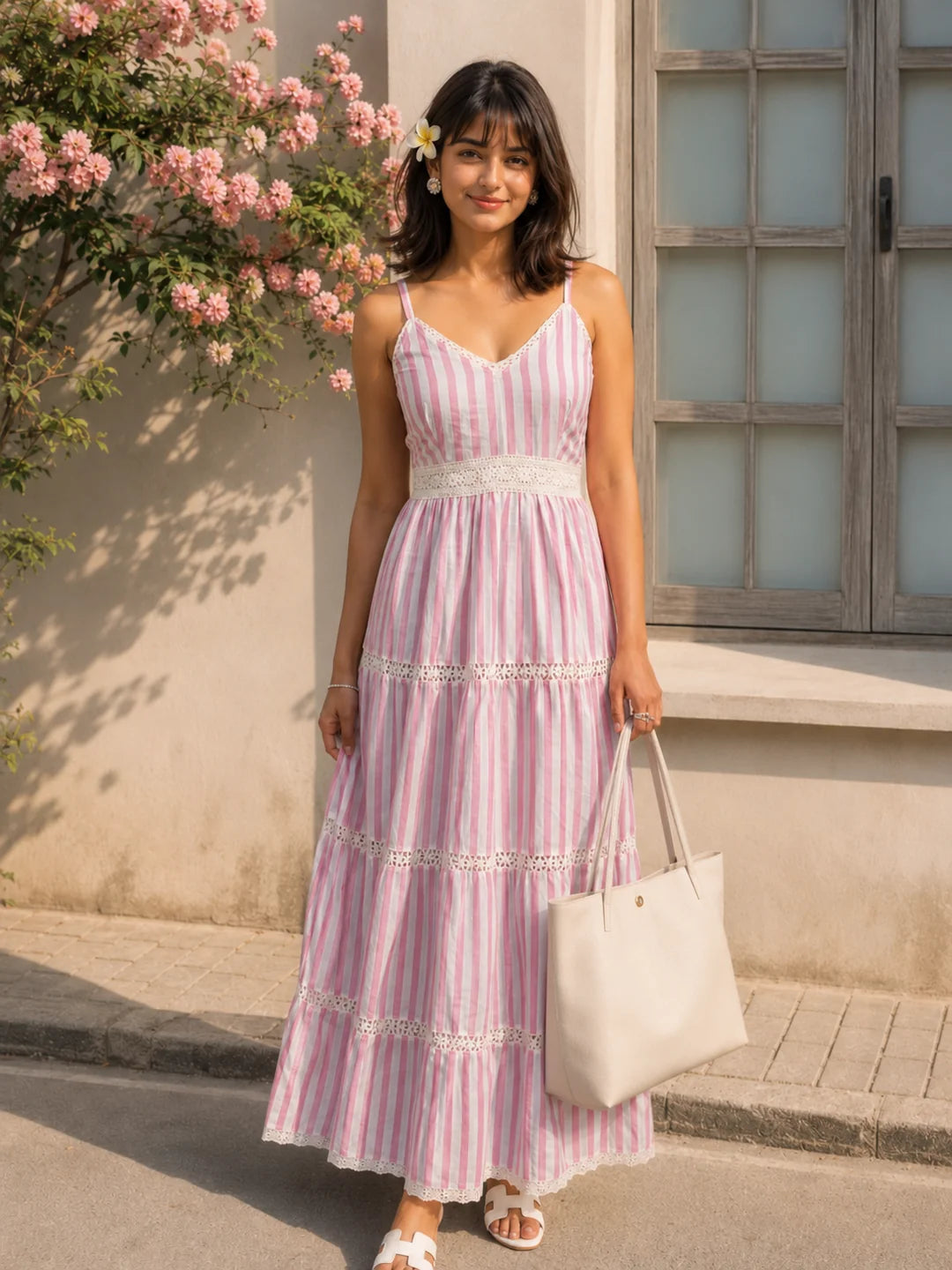 Pink and White Tiered Maxi Dress in Cotton