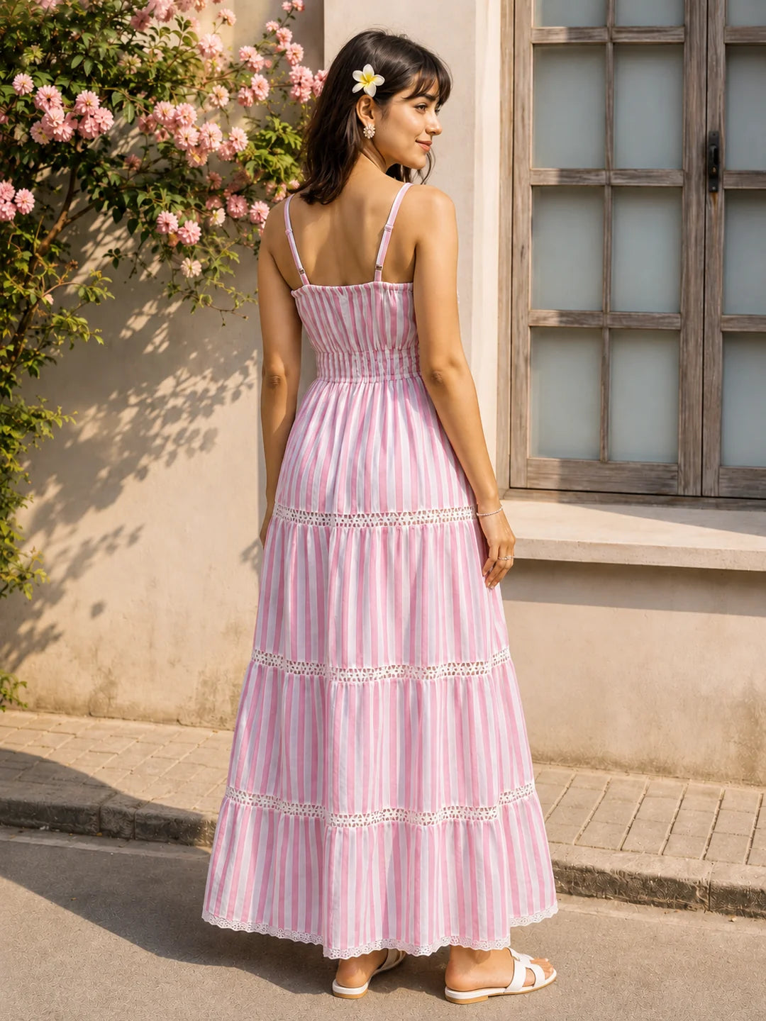 Pink and White Tiered Maxi Dress in Cotton