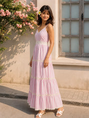 Pink and White Tiered Maxi Dress in Cotton