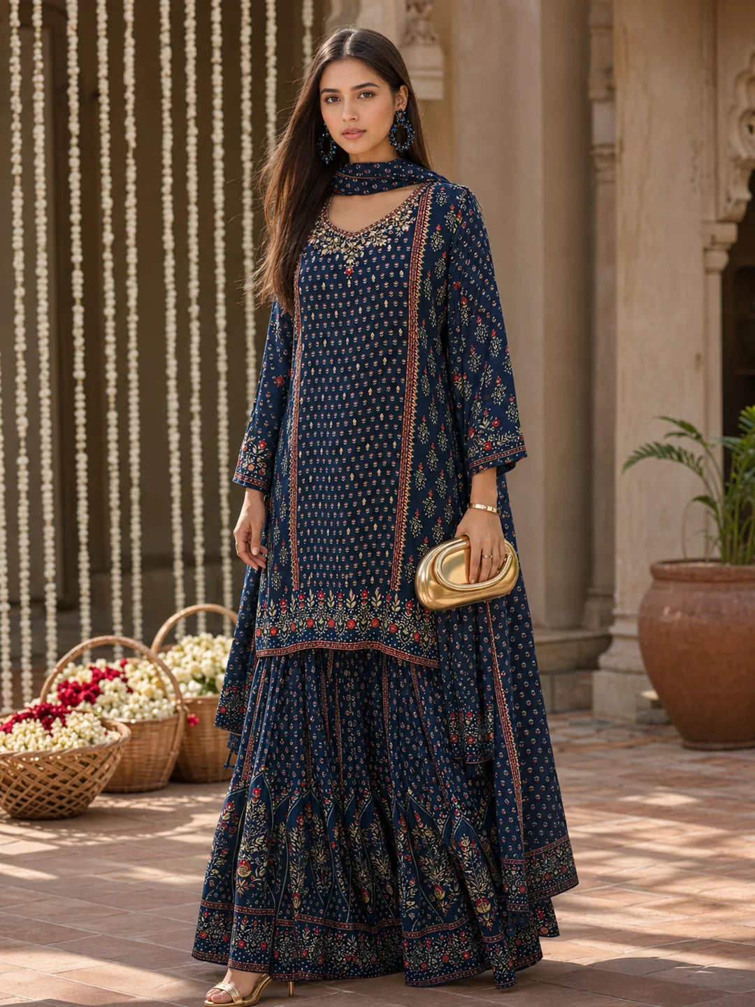 Navy Blue 3-Piece Kurta Set with Traditional Floral Print in Crepe