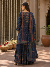 Navy Blue 3-Piece Kurta Set with Traditional Floral Print in Crepe