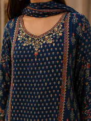 Navy Blue 3-Piece Kurta Set with Traditional Floral Print in Crepe