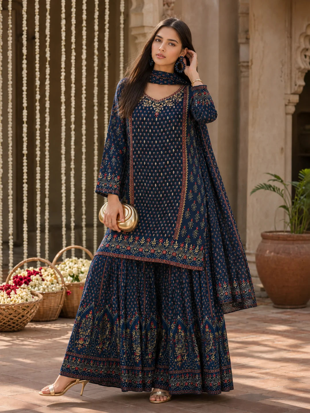 Navy Blue 3-Piece Kurta Set with Traditional Floral Print in Crepe