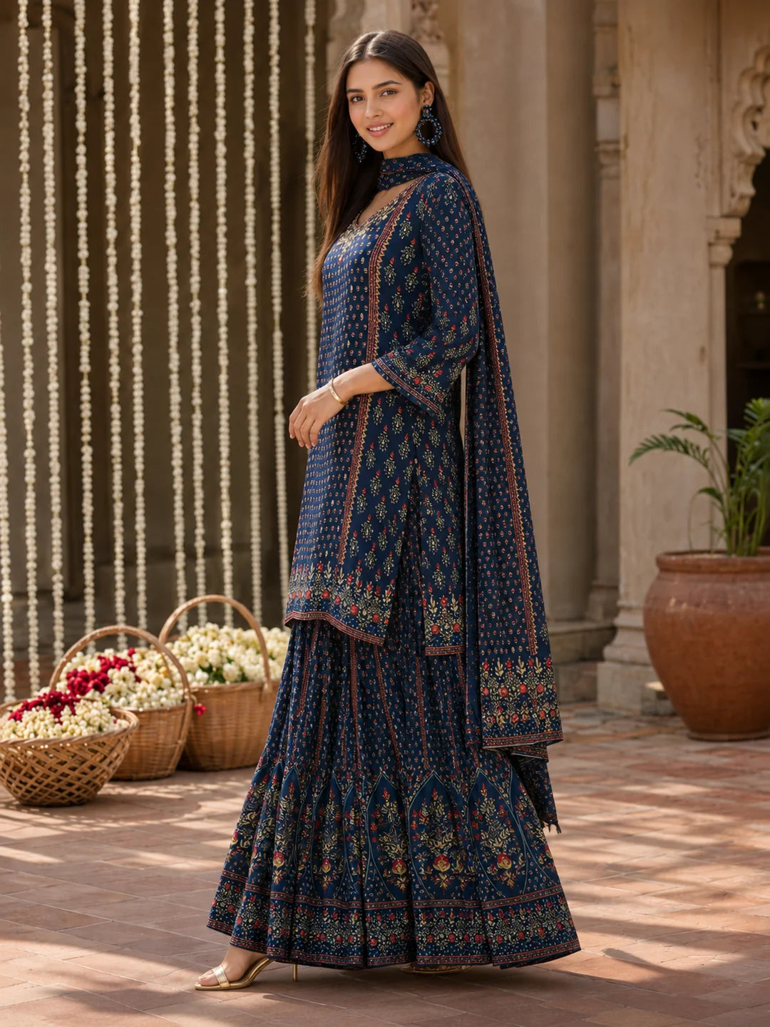 Navy Blue 3-Piece Kurta Set with Traditional Floral Print in Crepe
