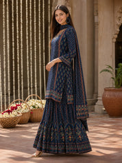 Navy Blue 3-Piece Kurta Set with Traditional Floral Print in Crepe