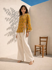 Mustard and Green Meadow Tie-Up Printed Short Kurti in Cotton