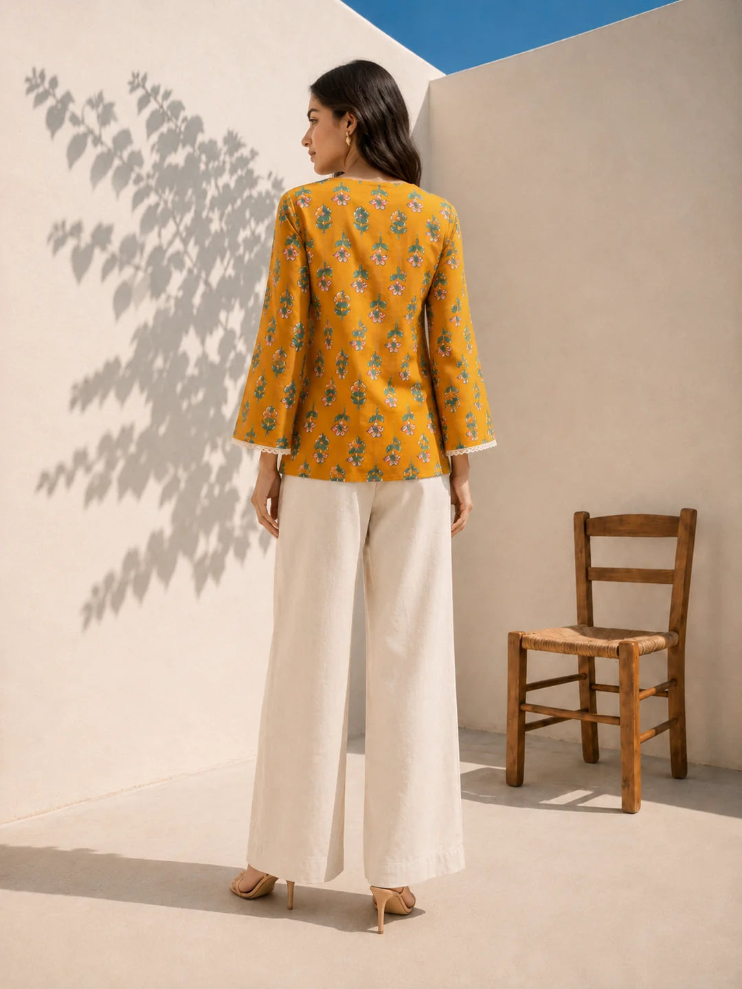 Mustard and Green Meadow Tie-Up Printed Short Kurti in Cotton