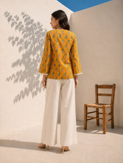 Mustard and Green Meadow Tie-Up Printed Short Kurti in Cotton