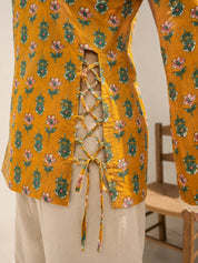 Mustard and Green Meadow Tie-Up Printed Short Kurti in Cotton