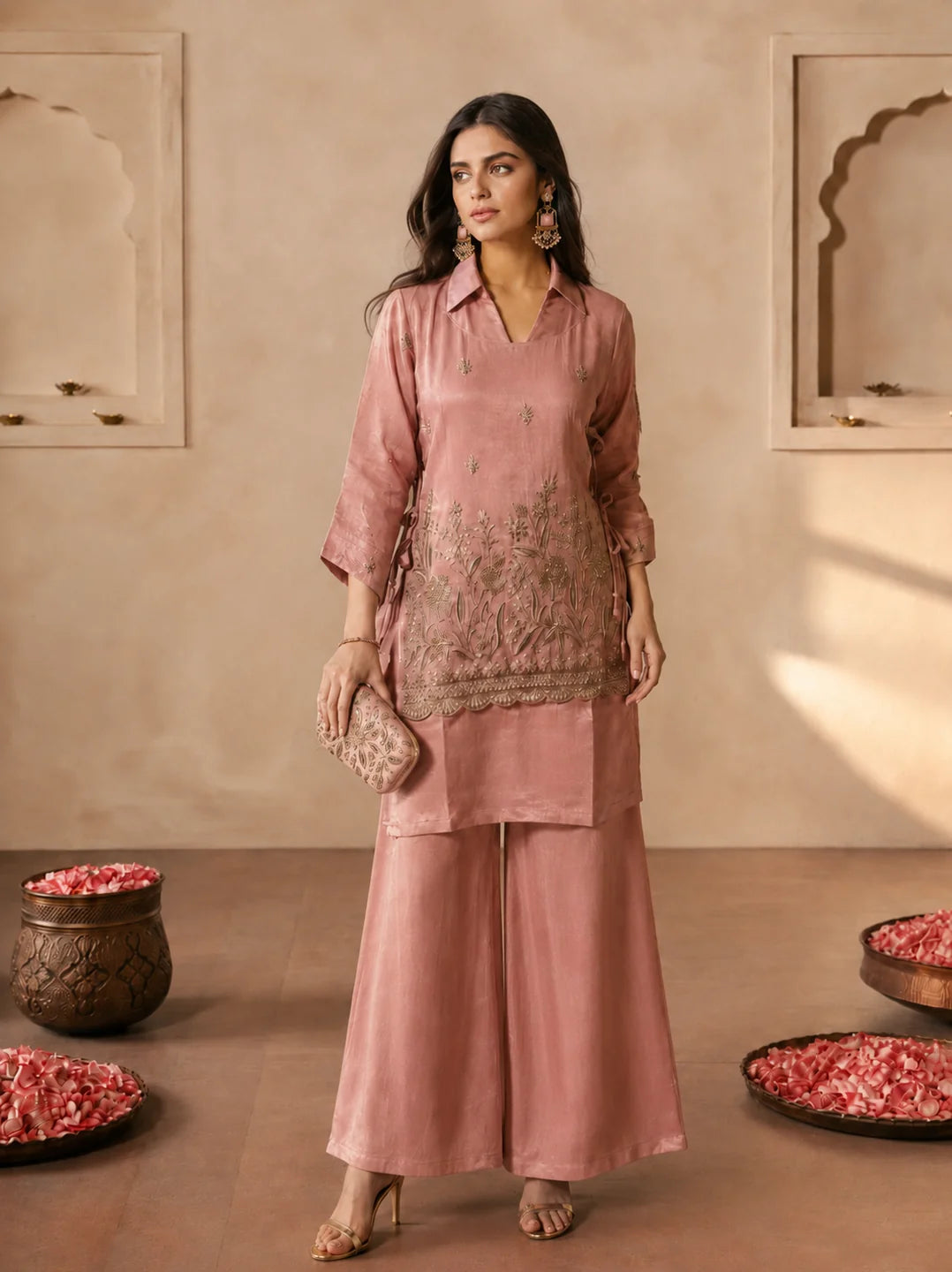 Rose Pink 3-Piece Co-Ord Set in Shimmer Tissue